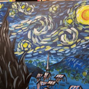 Taller de Pintura y Vino Barcelona recreando La Noche Estrellada con pintura acrílica