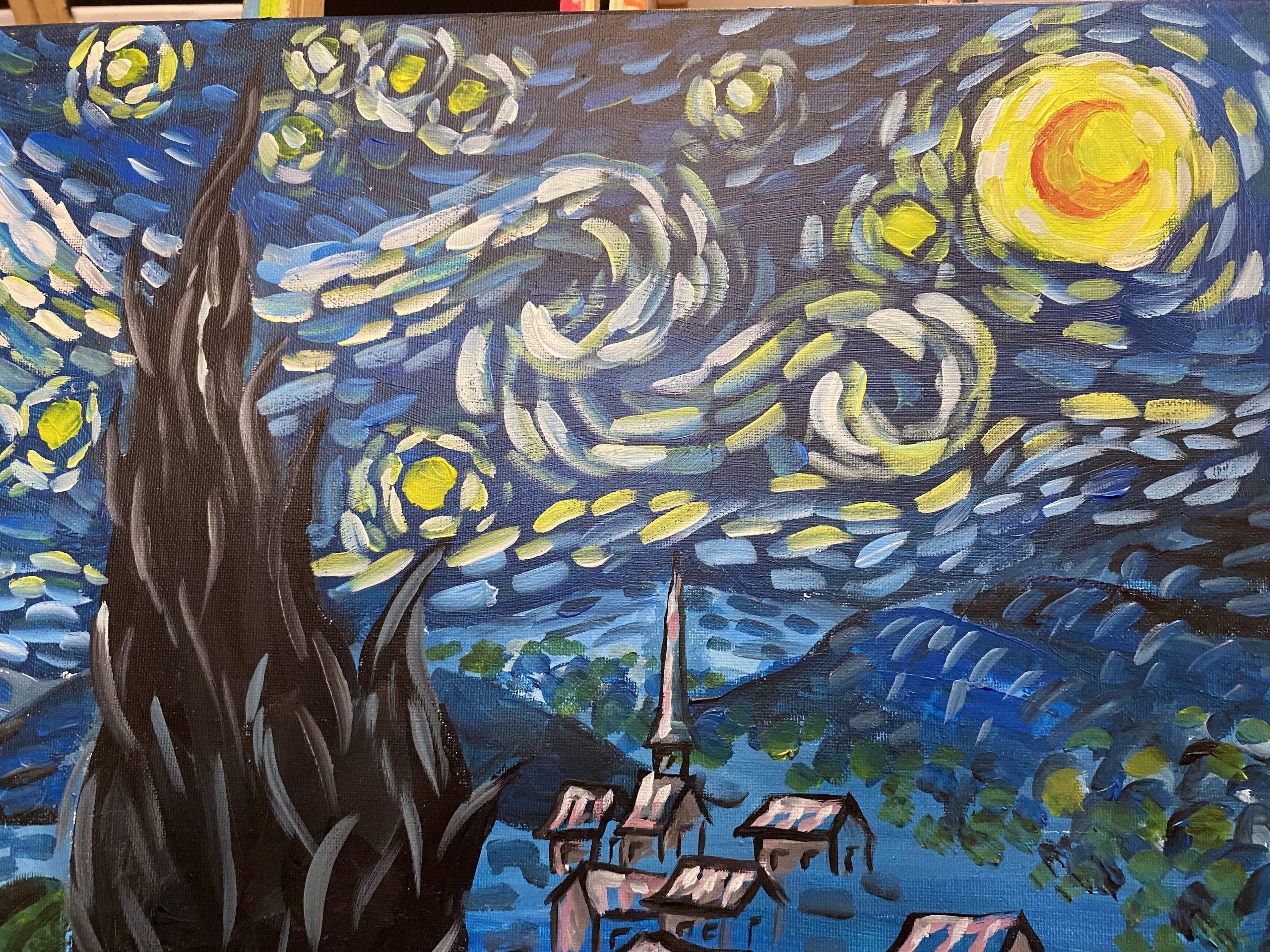 Taller de Pintura y Vino Barcelona recreando La Noche Estrellada con pintura acrílica