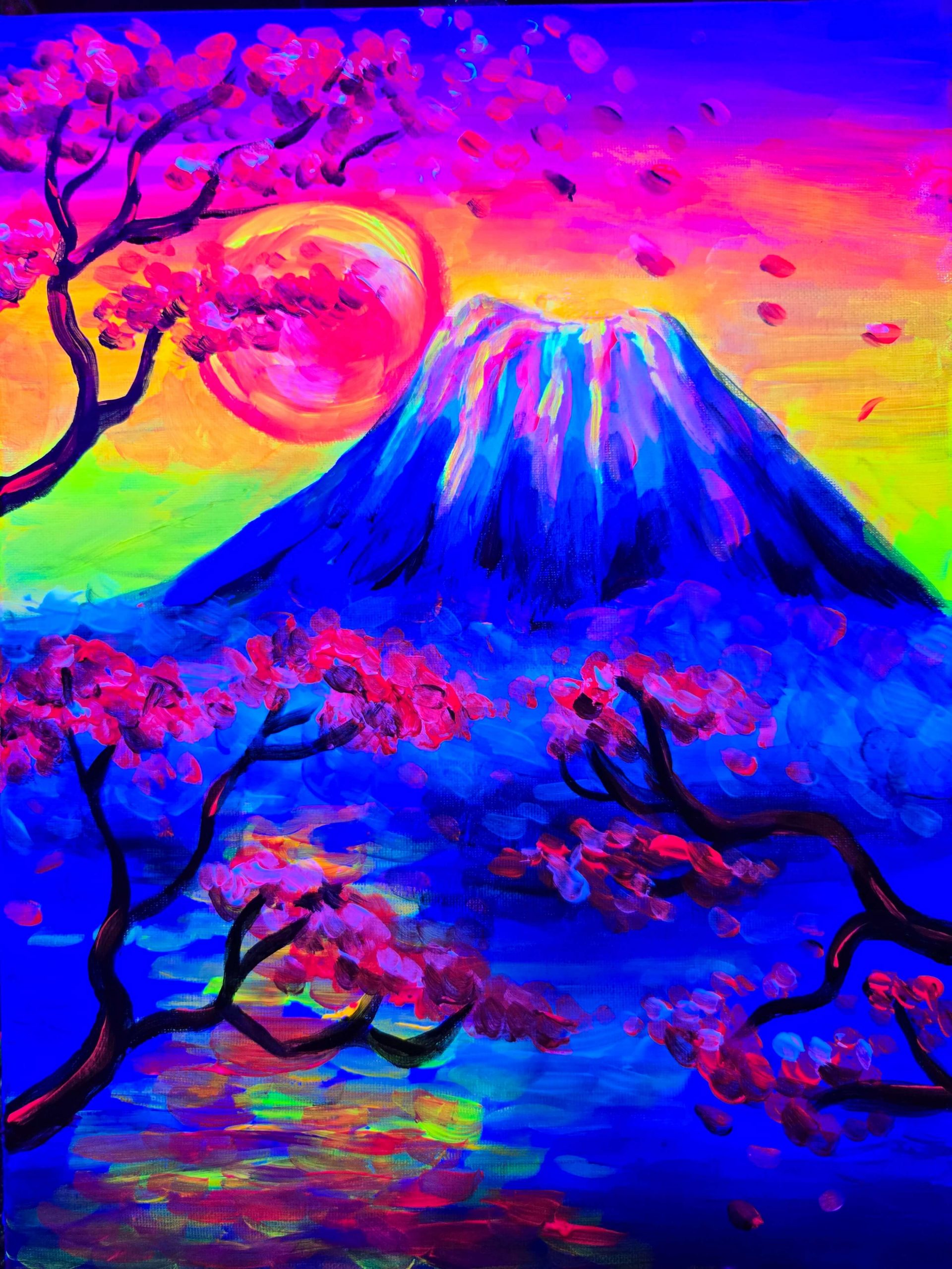 Wine and Art Barcelona taller de pintura Monte Fuji flúor