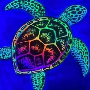 Cuadro terminado de una tortuga con pintura Neon en Barcelona.