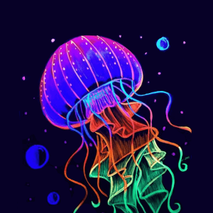 Cuadro flúor de una medusa pintado en el taller de pintura flúor Medusa Glow en Barcelona.