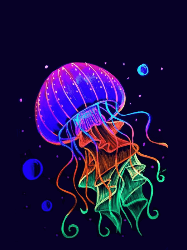 Cuadro flúor de una medusa pintado en el taller de pintura flúor Medusa Glow en Barcelona.