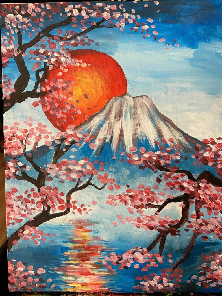 Cuadro Los Lagos del Fuji en taller Wine and Art de pintura acrílica