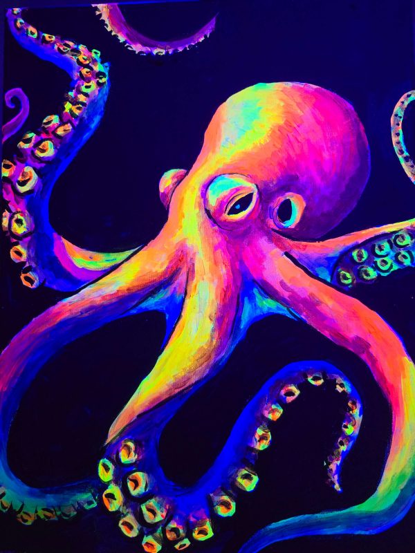 Cuadro en taller Wine Art Pulpo Flúor en Barcelona