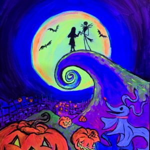 Wine and Art Experience Halloween – cuadro neón con calabazas y luna pintado en taller de pintura y vino en Barcelona
