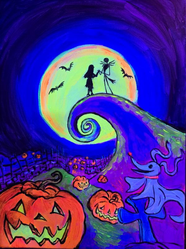 Wine and Art Experience Halloween – cuadro neón con calabazas y luna pintado en taller de pintura y vino en Barcelona