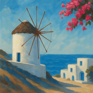 Cuadro Mykonos acrílico estándar con molino blanco, mar azul y buganvillas – Wine and Art Barcelona