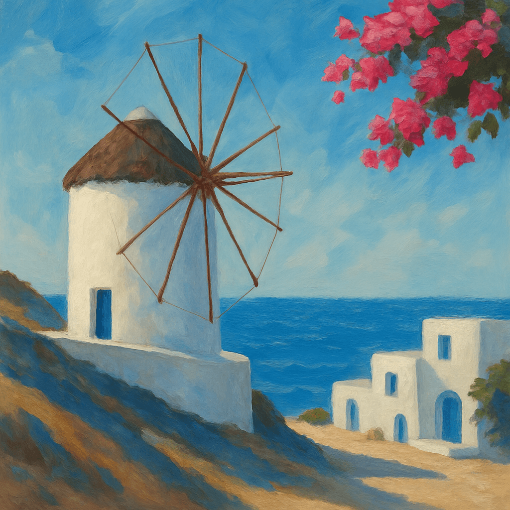 Cuadro Mykonos acrílico estándar con molino blanco, mar azul y buganvillas – Wine and Art Barcelona