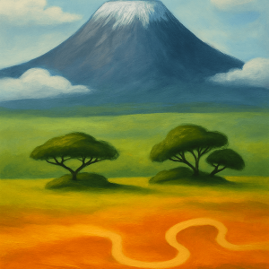 Cuadro Kilimanjaro acrílico estándar con sabana, acacias y montaña nevada – Wine and Art Barcelona