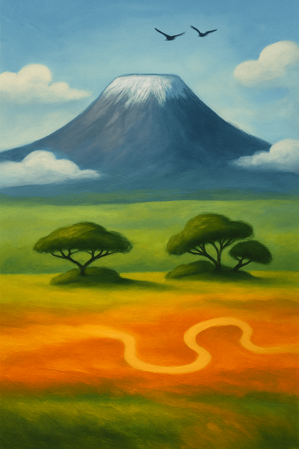 Cuadro Kilimanjaro acrílico estándar con sabana, acacias y montaña nevada – Wine and Art Barcelona